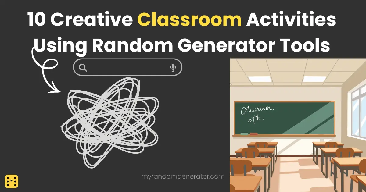 Empty classroom with a chalkboard and desks next to a scribble and a search bar