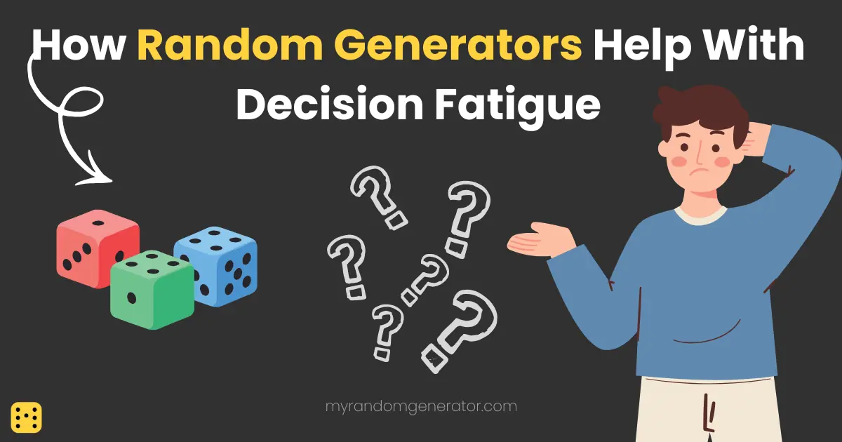 Colorful dice and scattered question marks next to a confused person shrugging