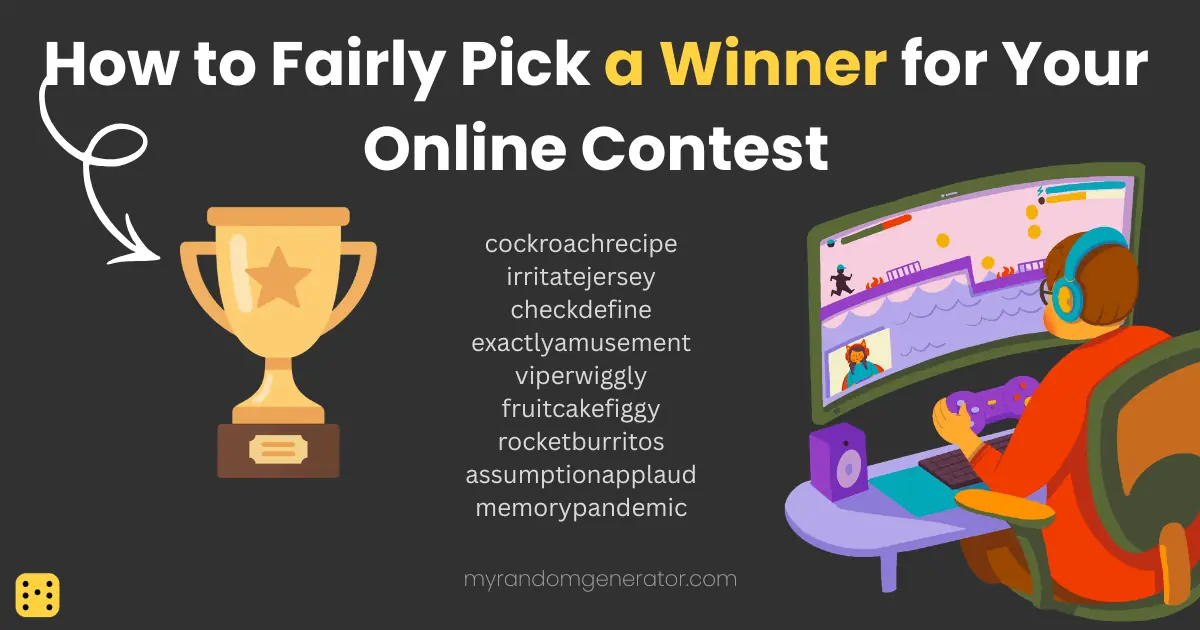 Gold trophy beside a list of contest entrant usernames and a gamer playing at a computer