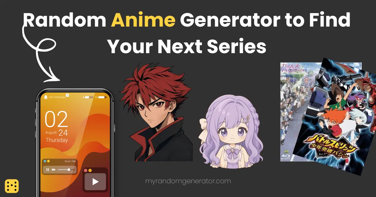 Anime characters and series covers next to a smartphone screen, illustrating a random anime picker