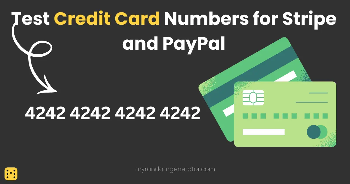 Stripe test credit card number 4242 4242 4242 4242 shown next to two green payment cards
