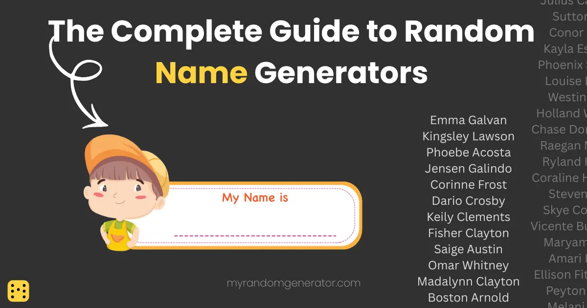 Cartoon child holding a My Name is tag next to a long list of randomly generated full names