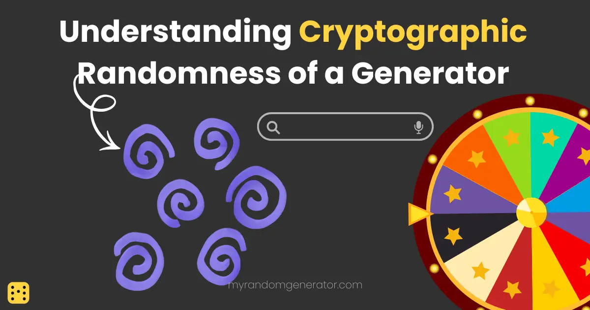 Purple spiral shapes, a search bar, and a colorful prize wheel representing randomness