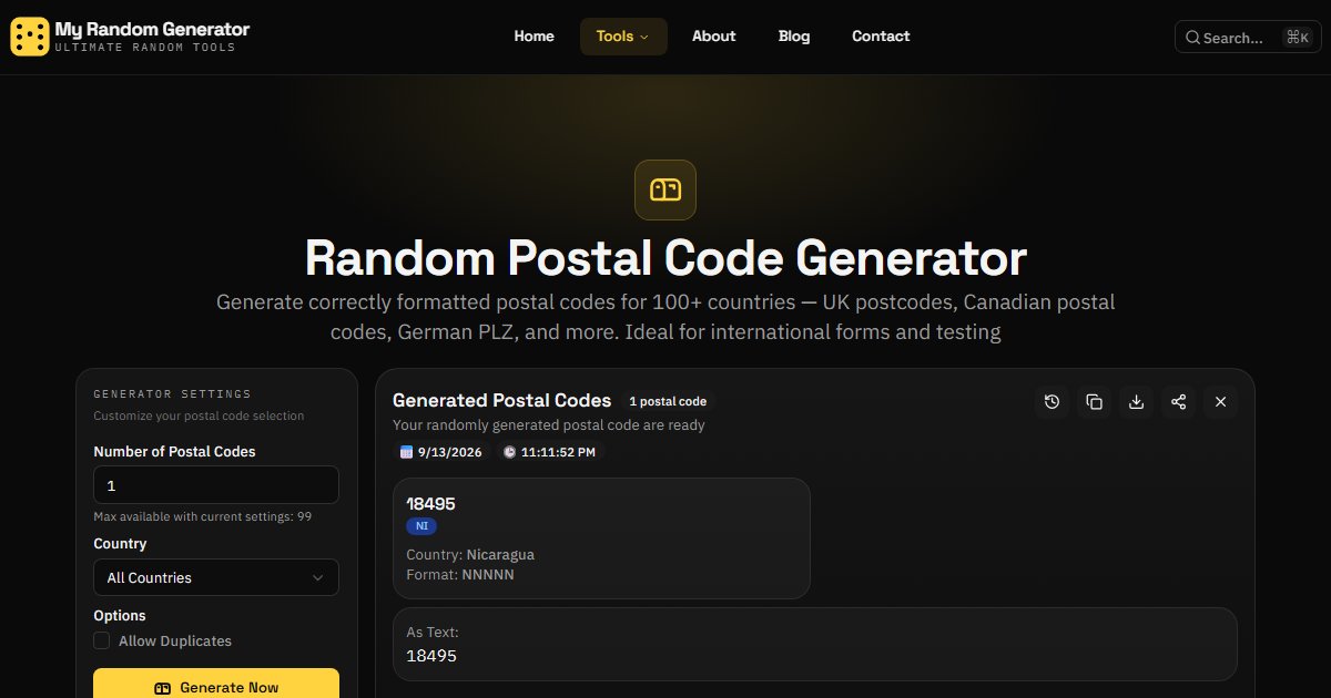Random Postal Code Generator — 100+ Countries - My Random Generator
